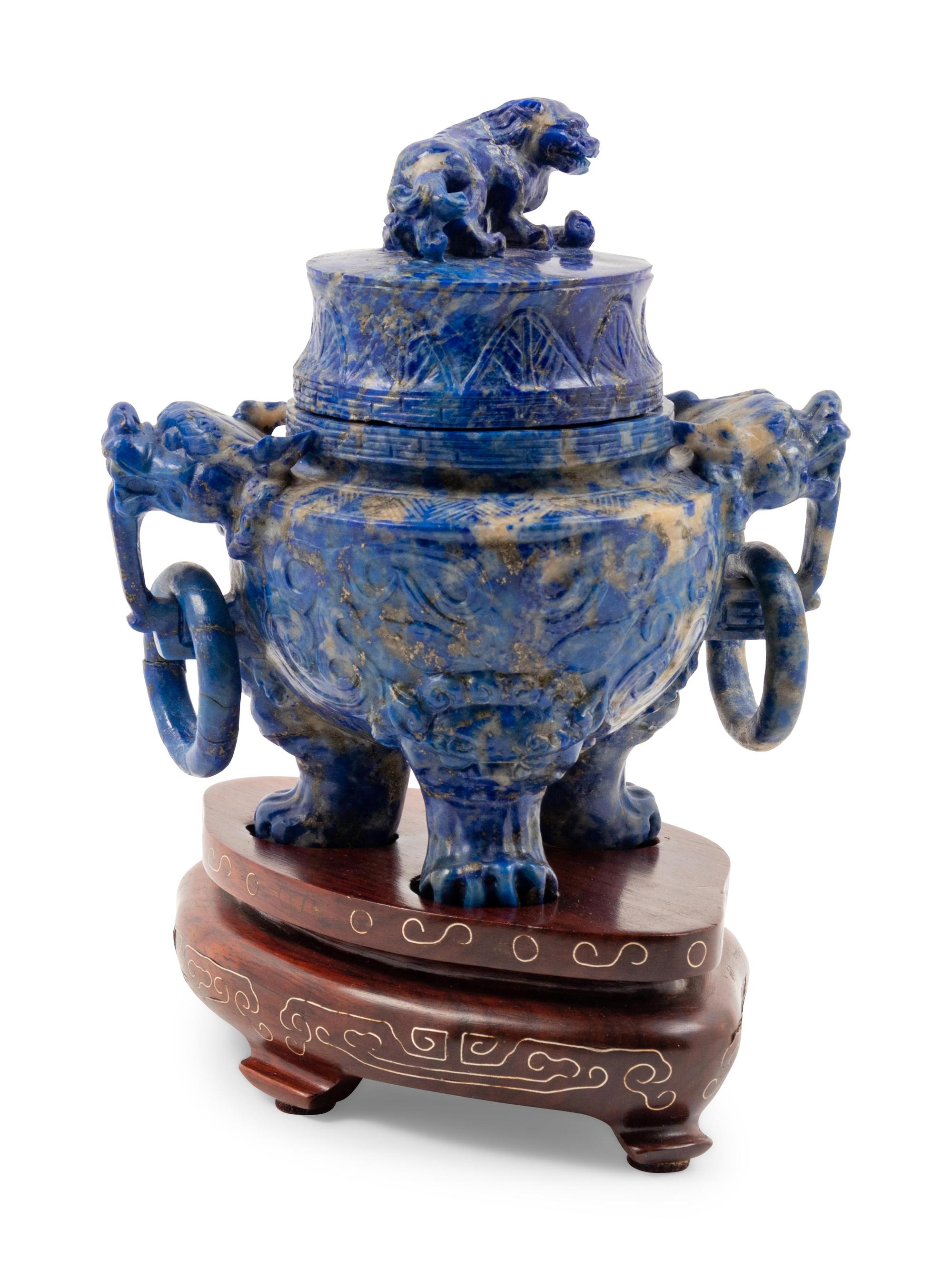 A Chinese Lapiz Lazuli Tripod Incense Burner