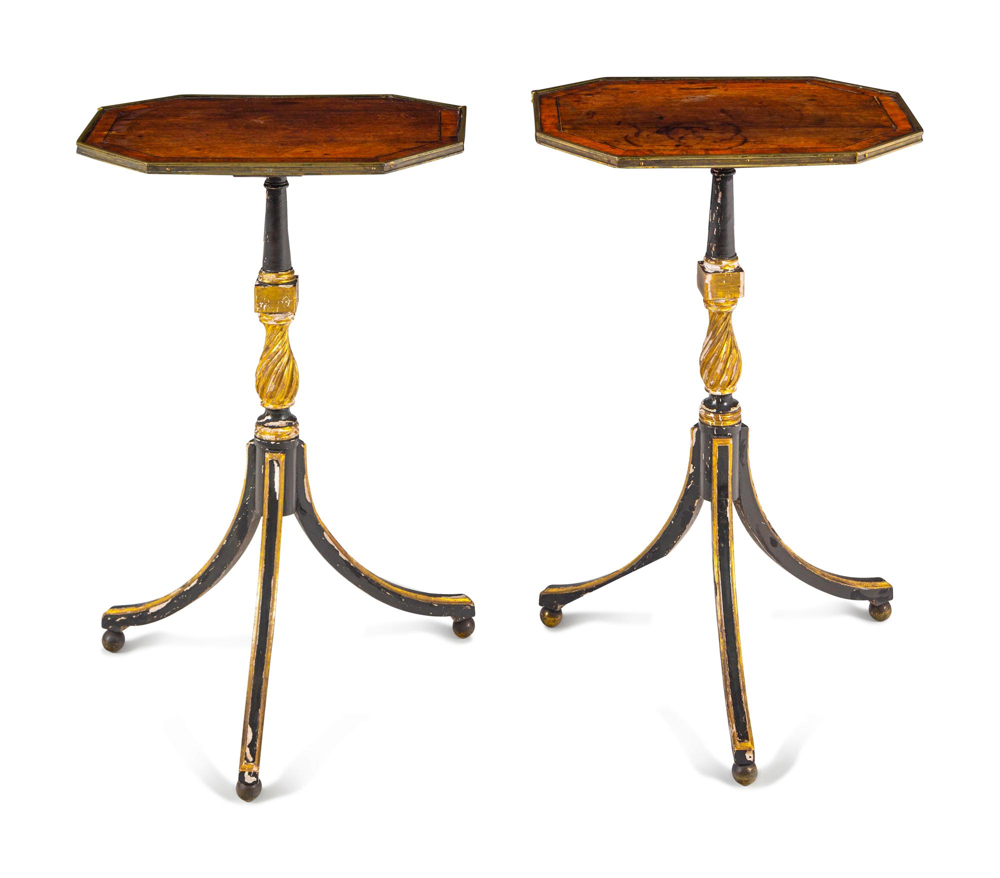 A Pair of Late George III Rosewood, Satinwood, Ebonized and Parcel-Gilt Side Tables