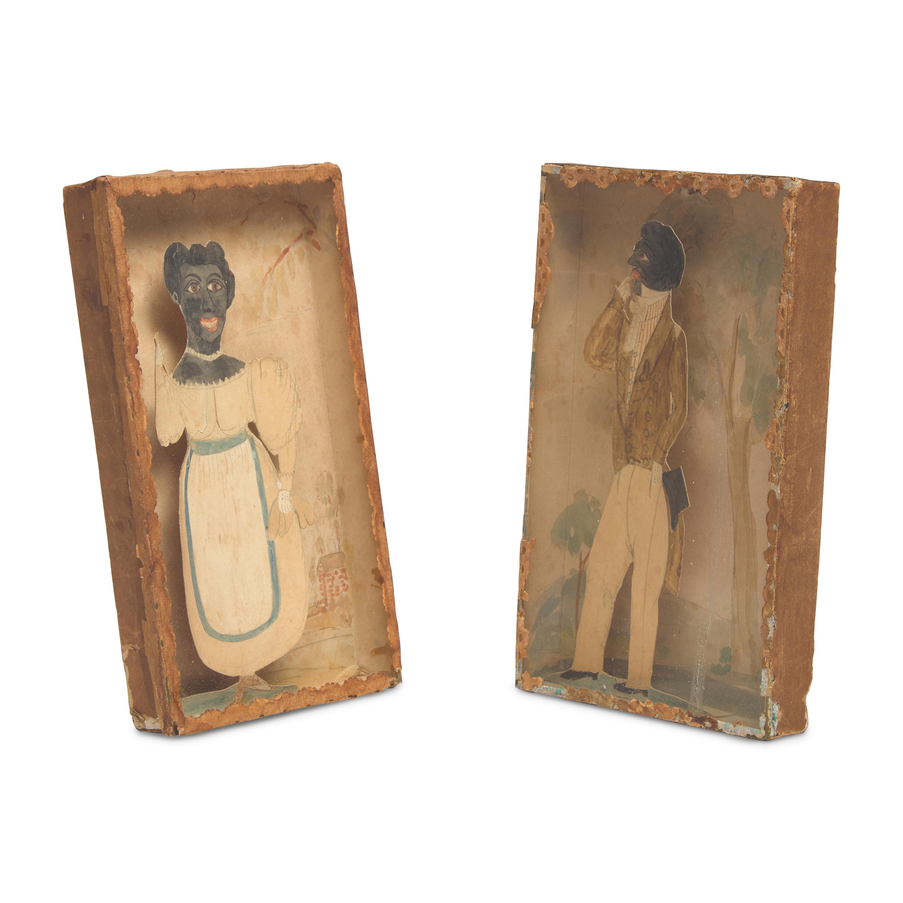 A Pair of Shadowboxes with Painted Paper Cut-Outs of An African-American Lady and Gentleman
