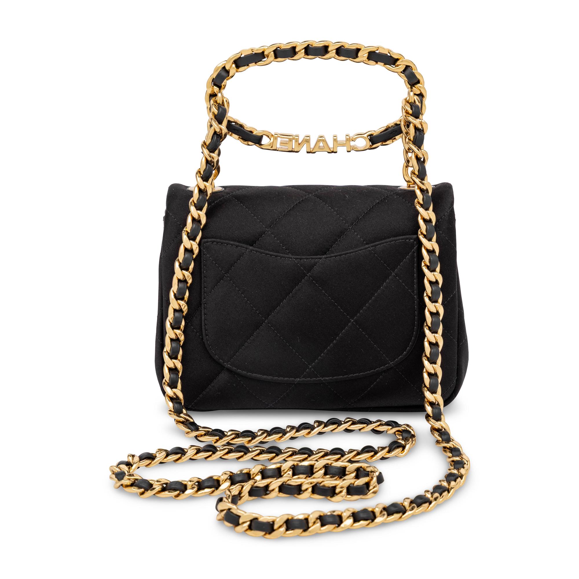 Chanel, Mini Logo Handle Flap Bag in Black Satin