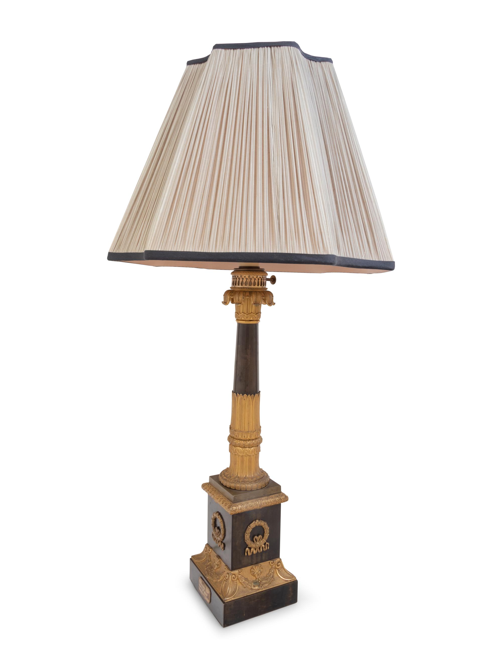 An Empire Gilt and Patinated Bronze Oil Lamp Converted to Electricity