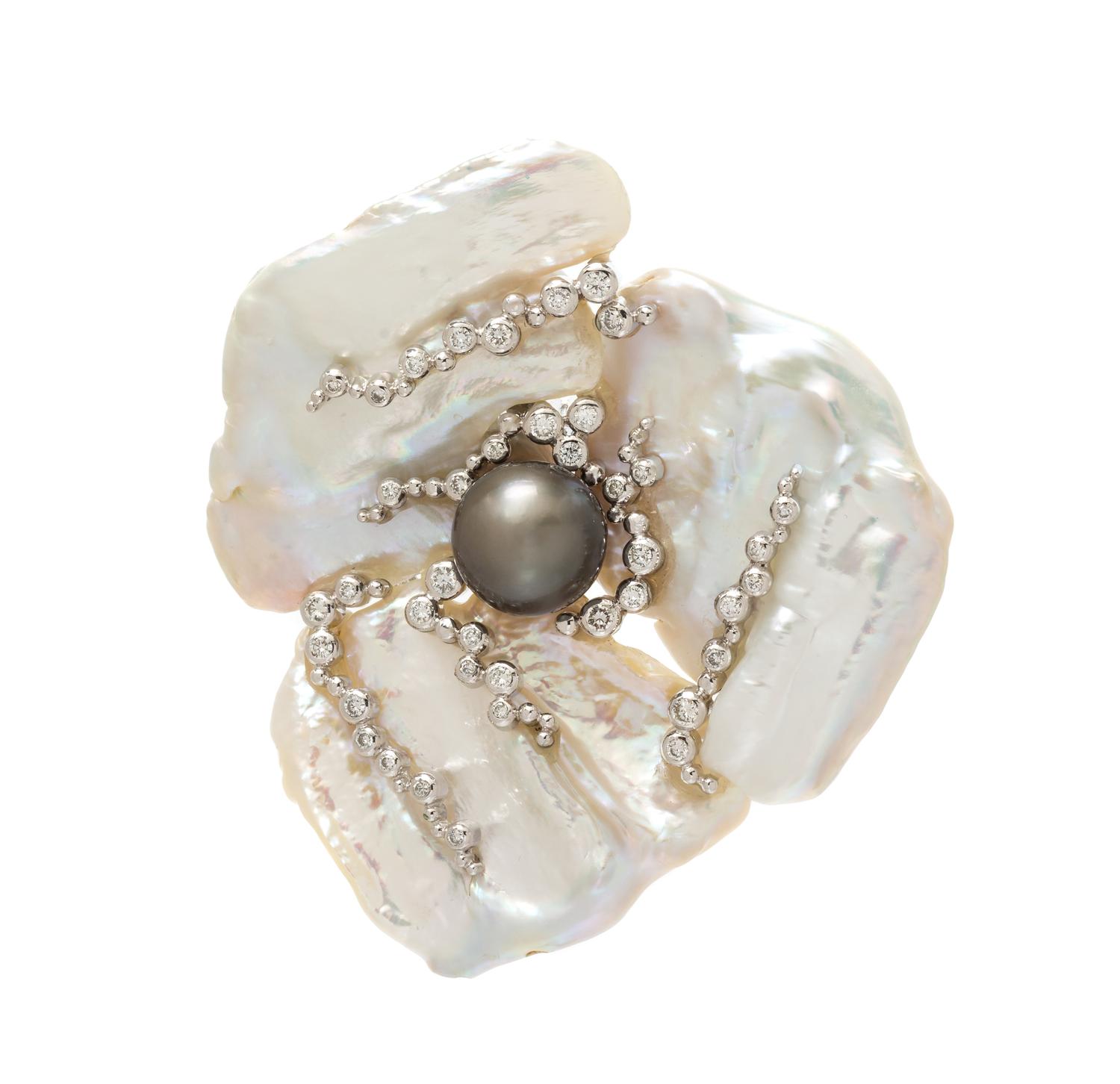 An 18 Karat White Gold, Cultured Keshi Pearl, Cultured Tahitian Pearl and Diamond Floral Pendant/Brooch, Kai-Yin Lo, 44.70 dwts.