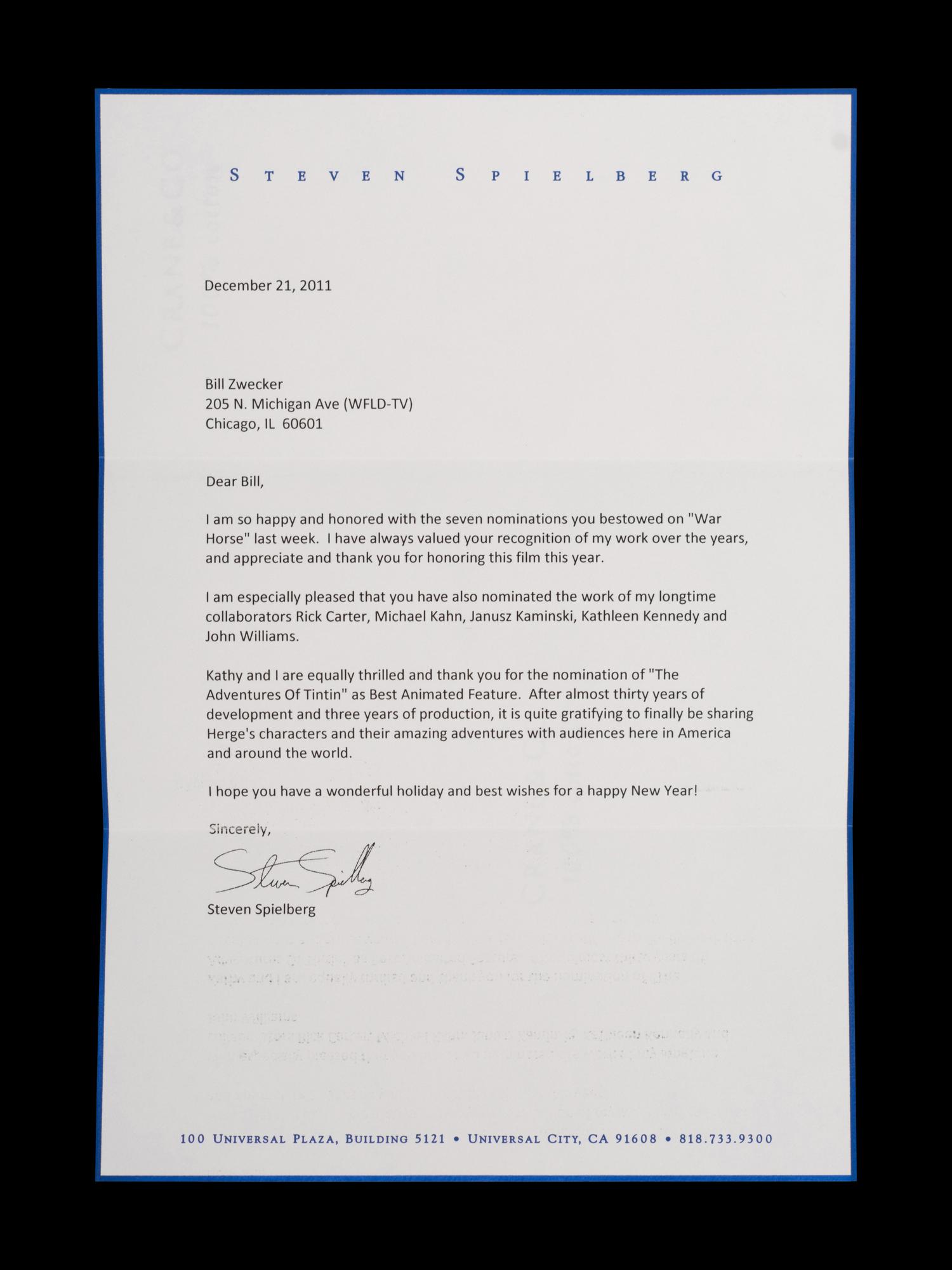 (Celebrity Memorabilia) A collection of 17 personal letters from celebrities, addressed to Bill Zwecker; comprising: