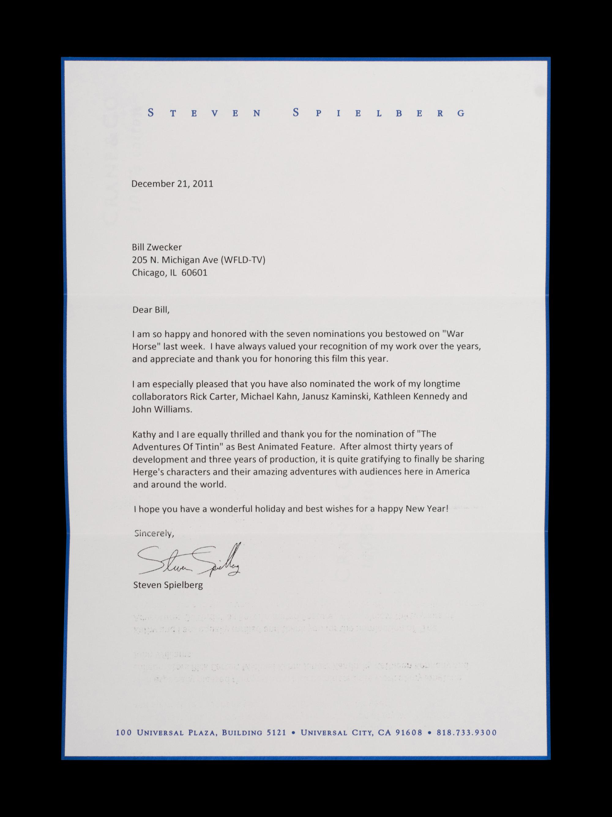 (Celebrity Memorabilia) A collection of 17 personal letters from celebrities, addressed to Bill Zwecker; comprising: