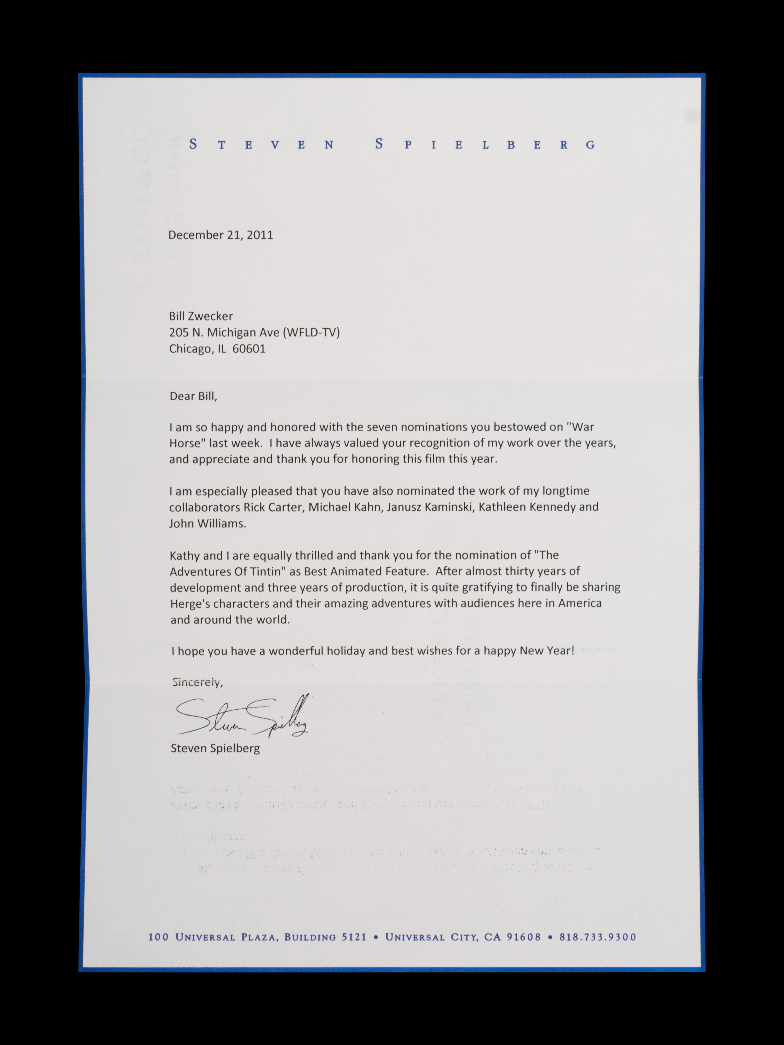 (Celebrity Memorabilia) A collection of 17 personal letters from celebrities, addressed to Bill Zwecker; comprising: