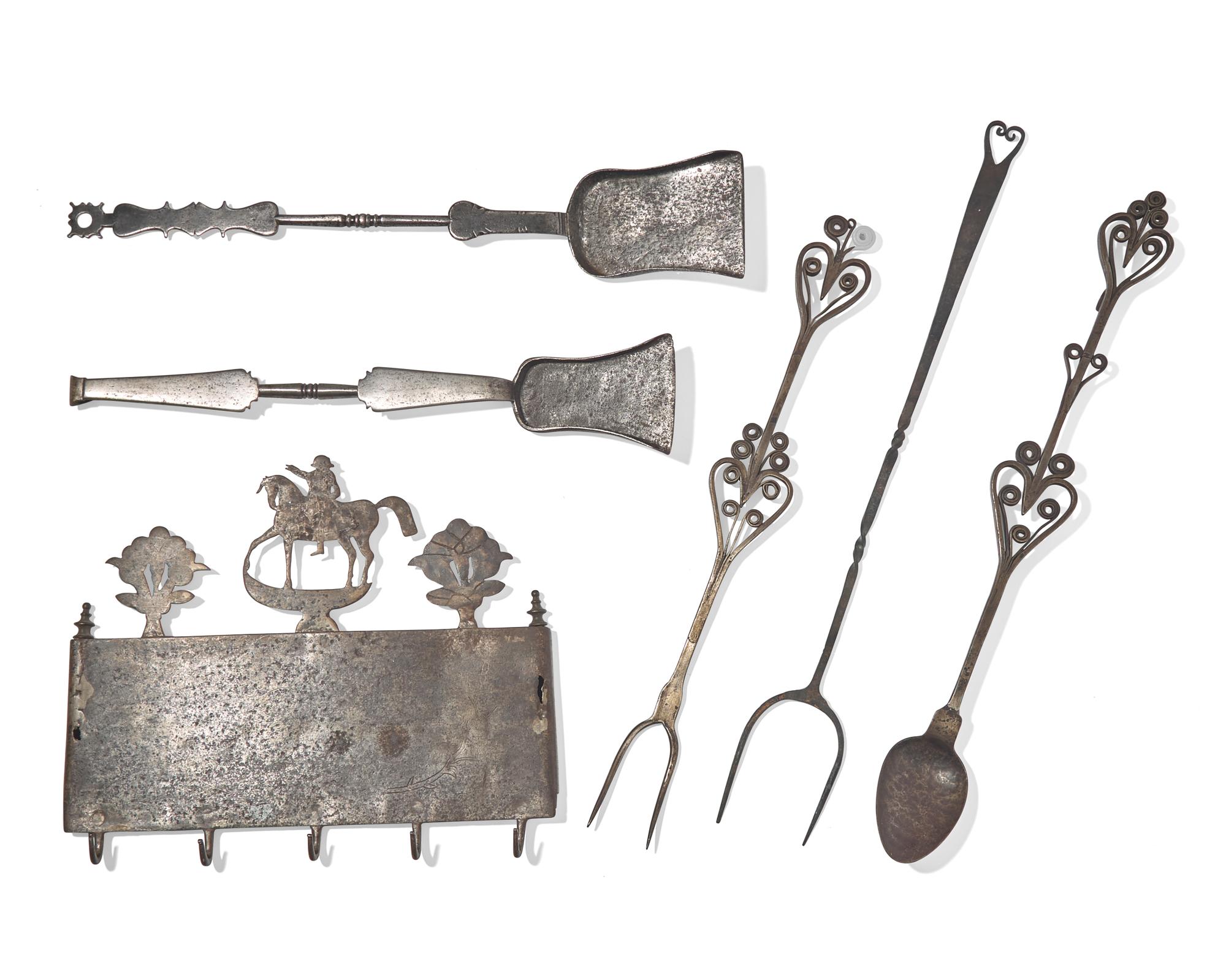 An Assorted Group of Six Wrought Iron Kitchen and Fireplace Accessories, Most French or Flemish, 18th and Early 19th Century