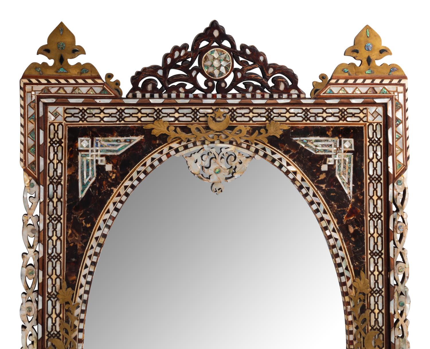 A Pair of Levantine Bronze Mounted Marquetry and Mother-of-Pearl Mirrors