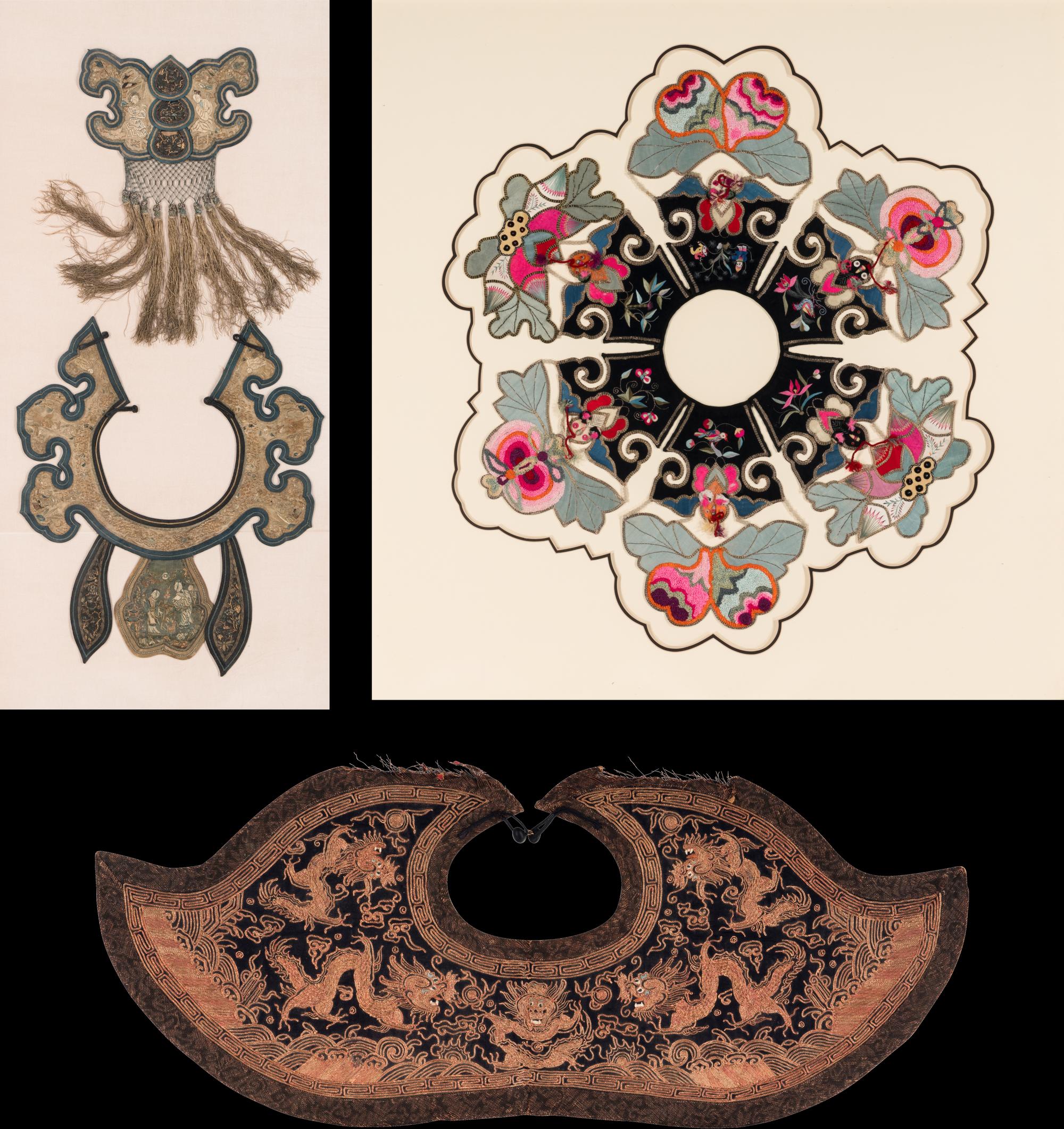 Three Chinese Embroidered Silk Collars, Qing Dynasty 清 云肩一組三件