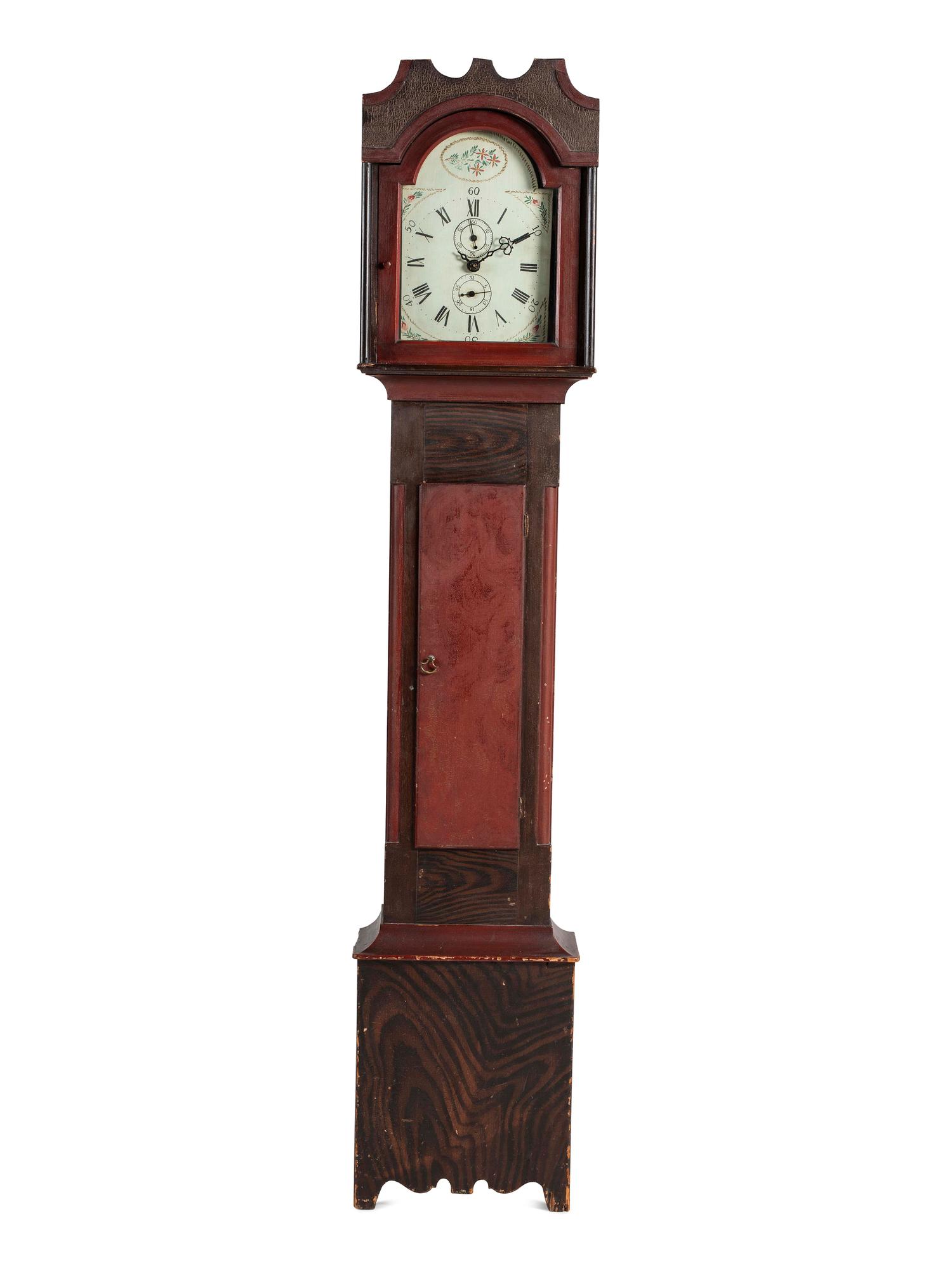 A Federal Red and Grain Painted Pine Wooden Works Tall Case Clock
