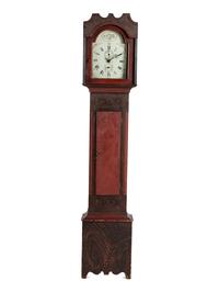 A Federal Red and Grain Painted Pine Wooden Works Tall Case Clock