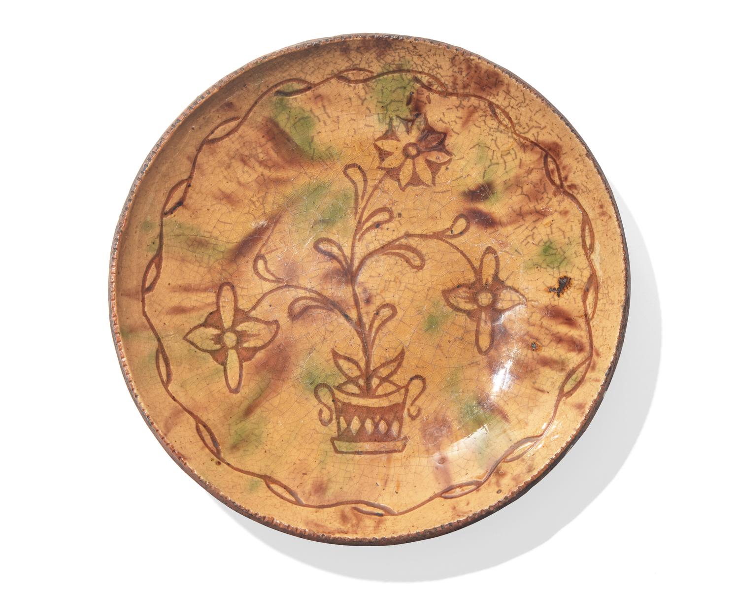 A Glazed and Sgraffito-Redware Pie Plate, Attributed to Jacob Medinger, Circa 1930