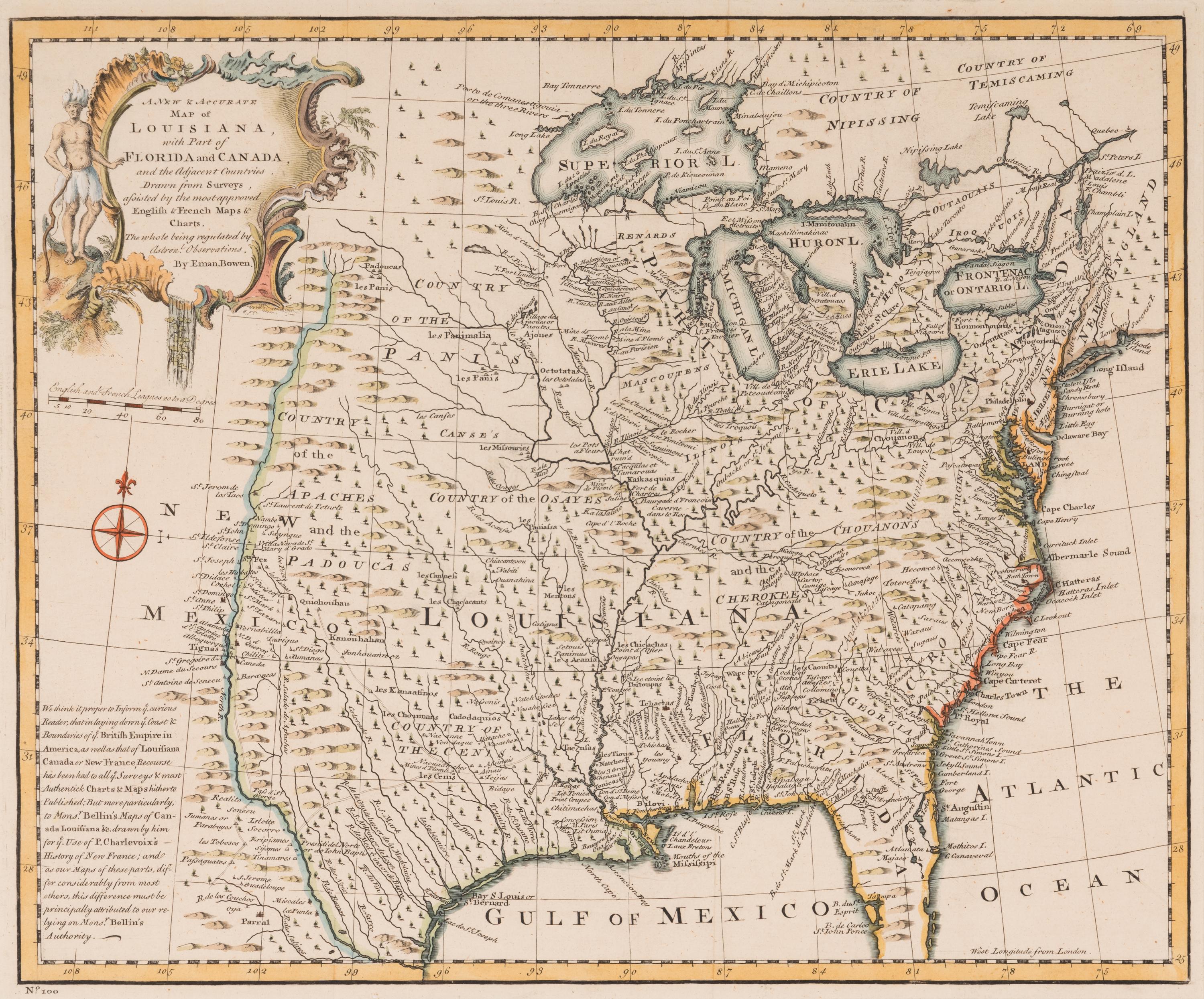 [MAPS & VIEWS]. BOWEN, Emanuel (1694-1767). A new & accurate map of Louisiana, with part of Florida and Canada, and the adjacent countries. 1747.