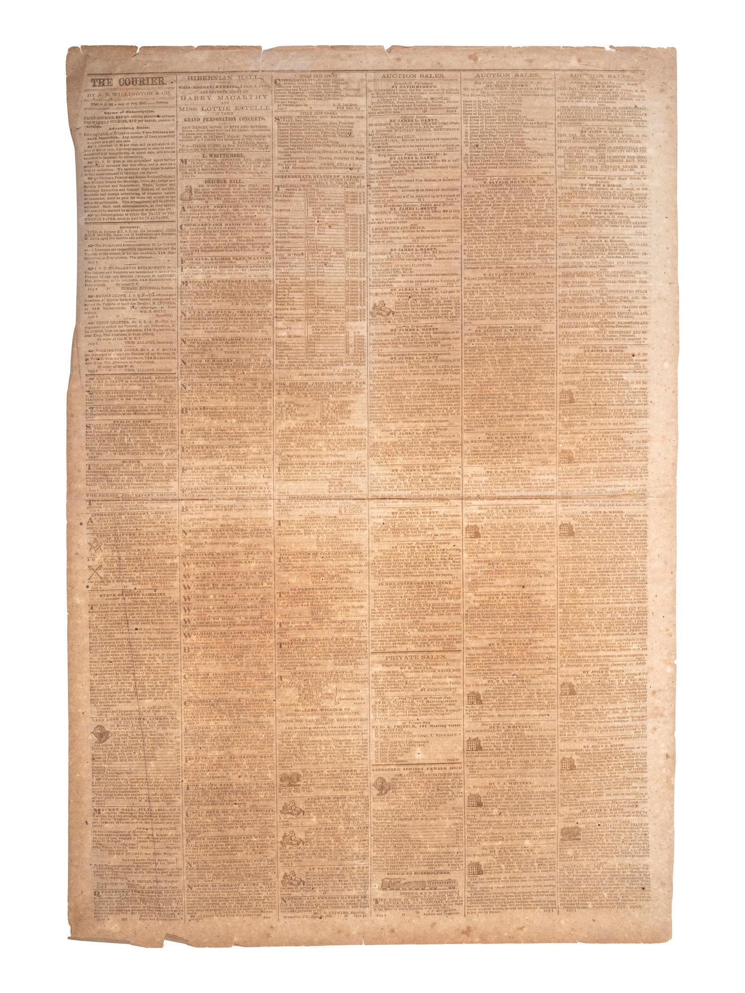 [CIVIL WAR]. Charleston Daily Courier . Vol. LXI, No. 19,511. Charleston, SC: 6 July 1863.