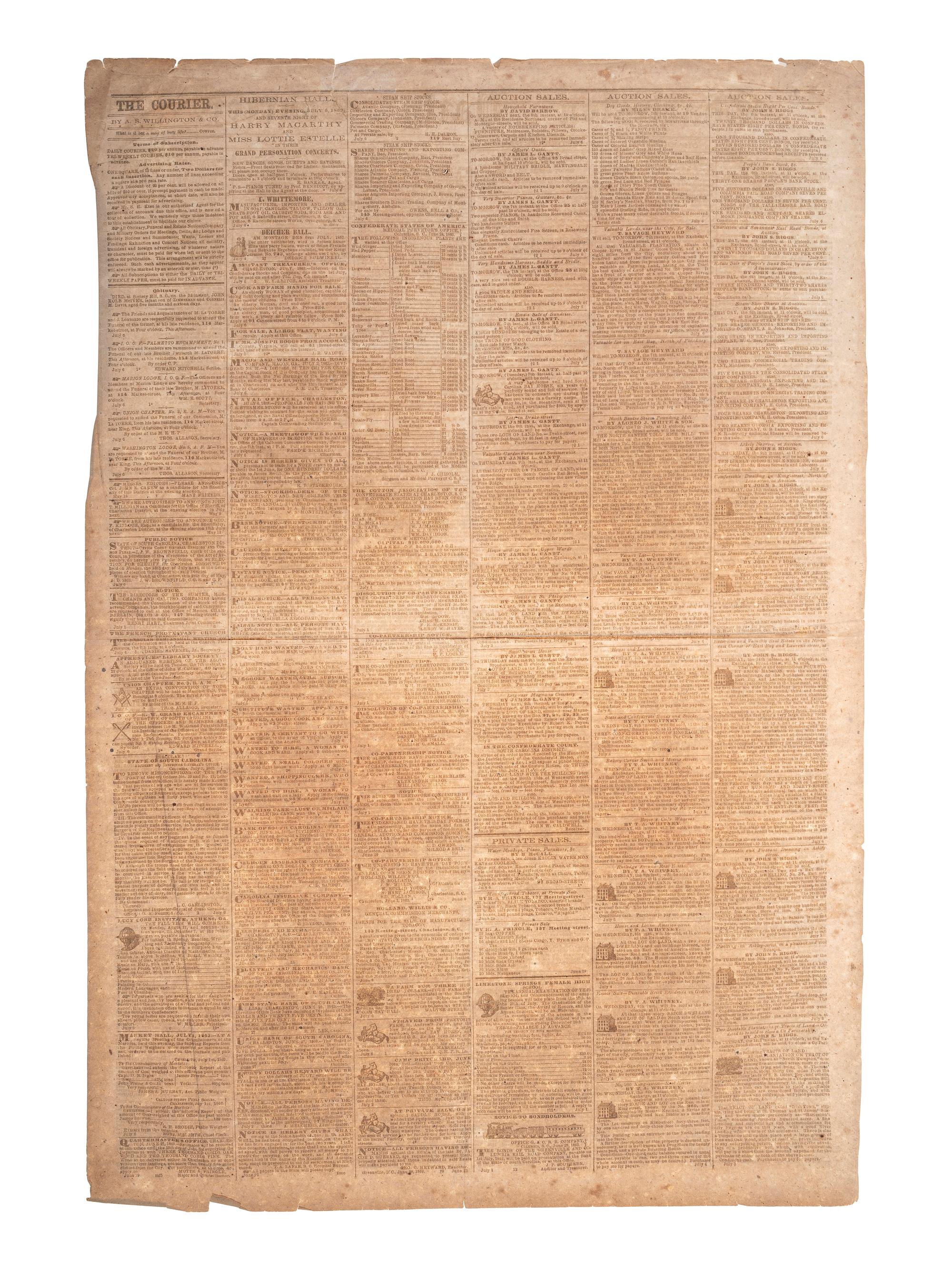 [CIVIL WAR]. Charleston Daily Courier . Vol. LXI, No. 19,511. Charleston, SC: 6 July 1863.