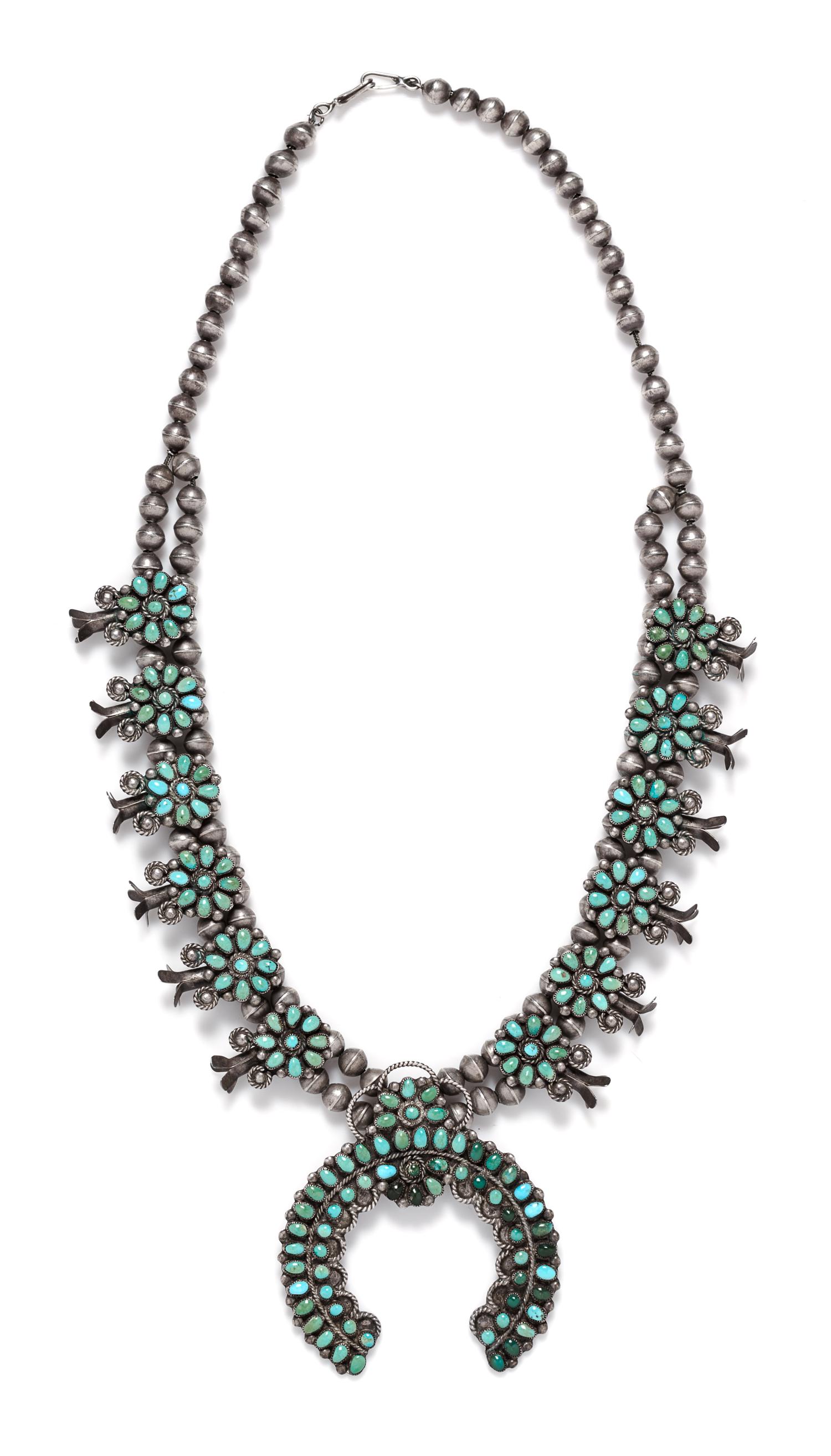 A Silver and Turquoise Squash Blossom Necklace, Zuni, 71.80 dwts.