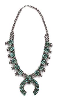 A Silver and Turquoise Squash Blossom Necklace, Zuni, 71.80 dwts.