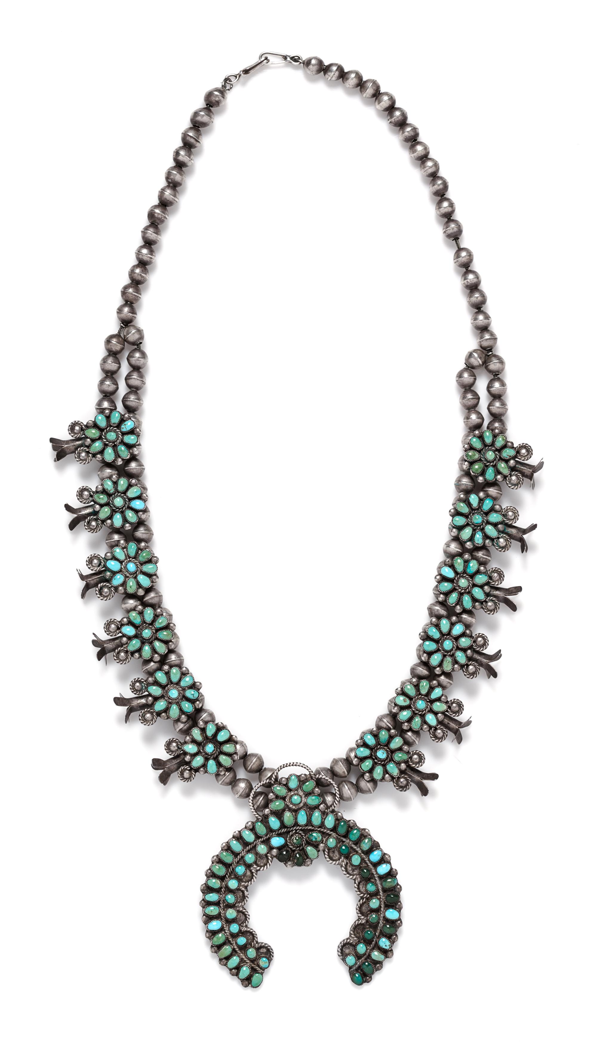 A Silver and Turquoise Squash Blossom Necklace, Zuni, 71.80 dwts.