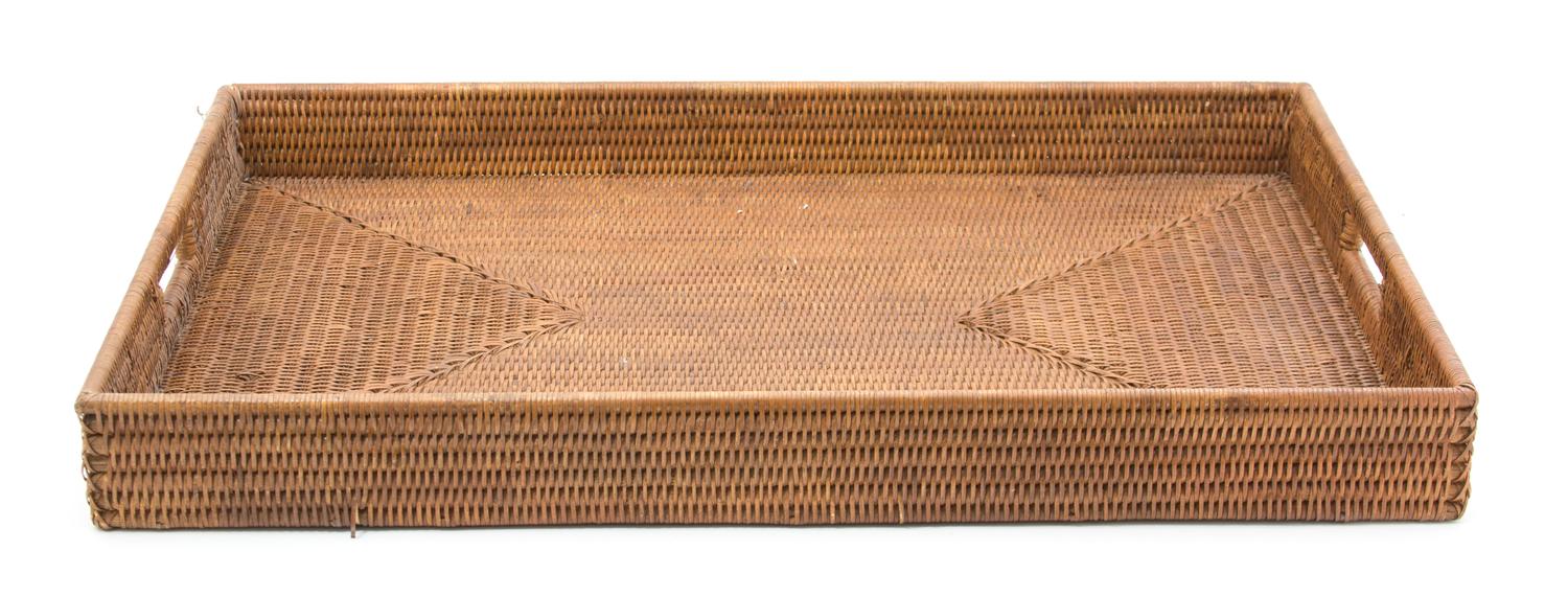 A Rattan Rectangular Serving Tray and Eleven Plate Holders Tray, 28 x 20 inches. — 20TH CENTURY