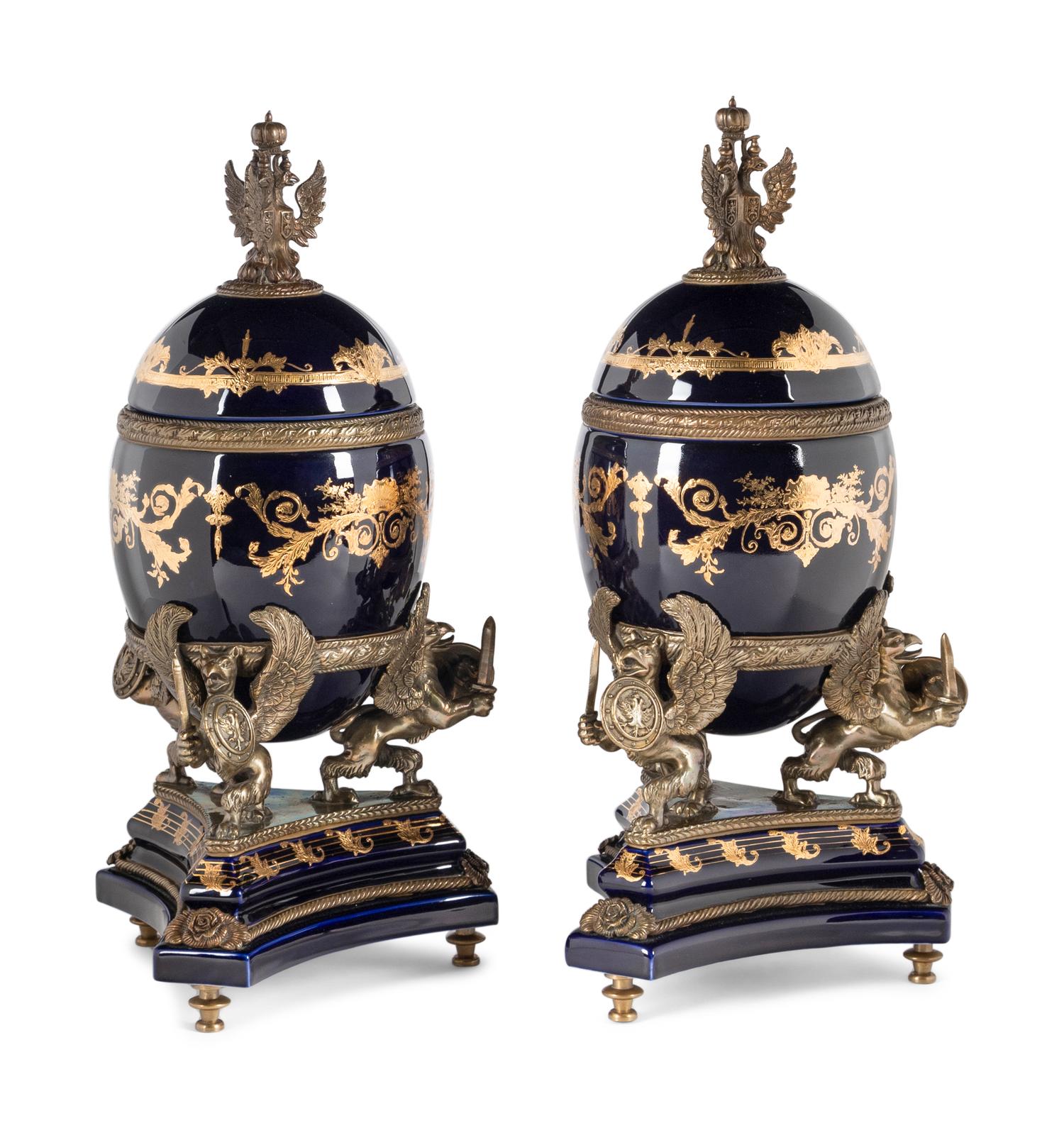 A Pair of Russian Empire Style Gilt Bronze Mounted Porcelain Ornaments