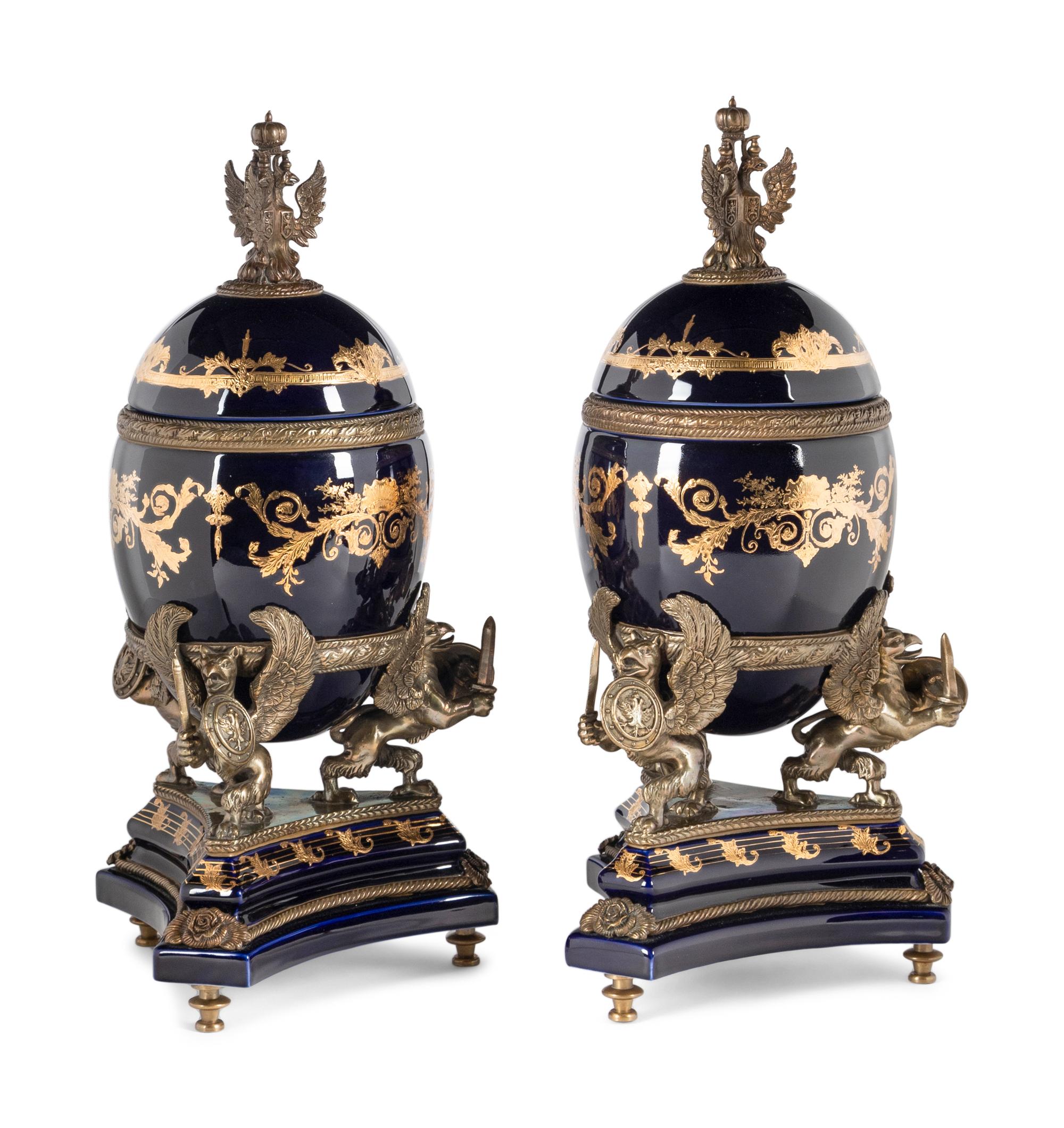 A Pair of Russian Empire Style Gilt Bronze Mounted Porcelain Ornaments
