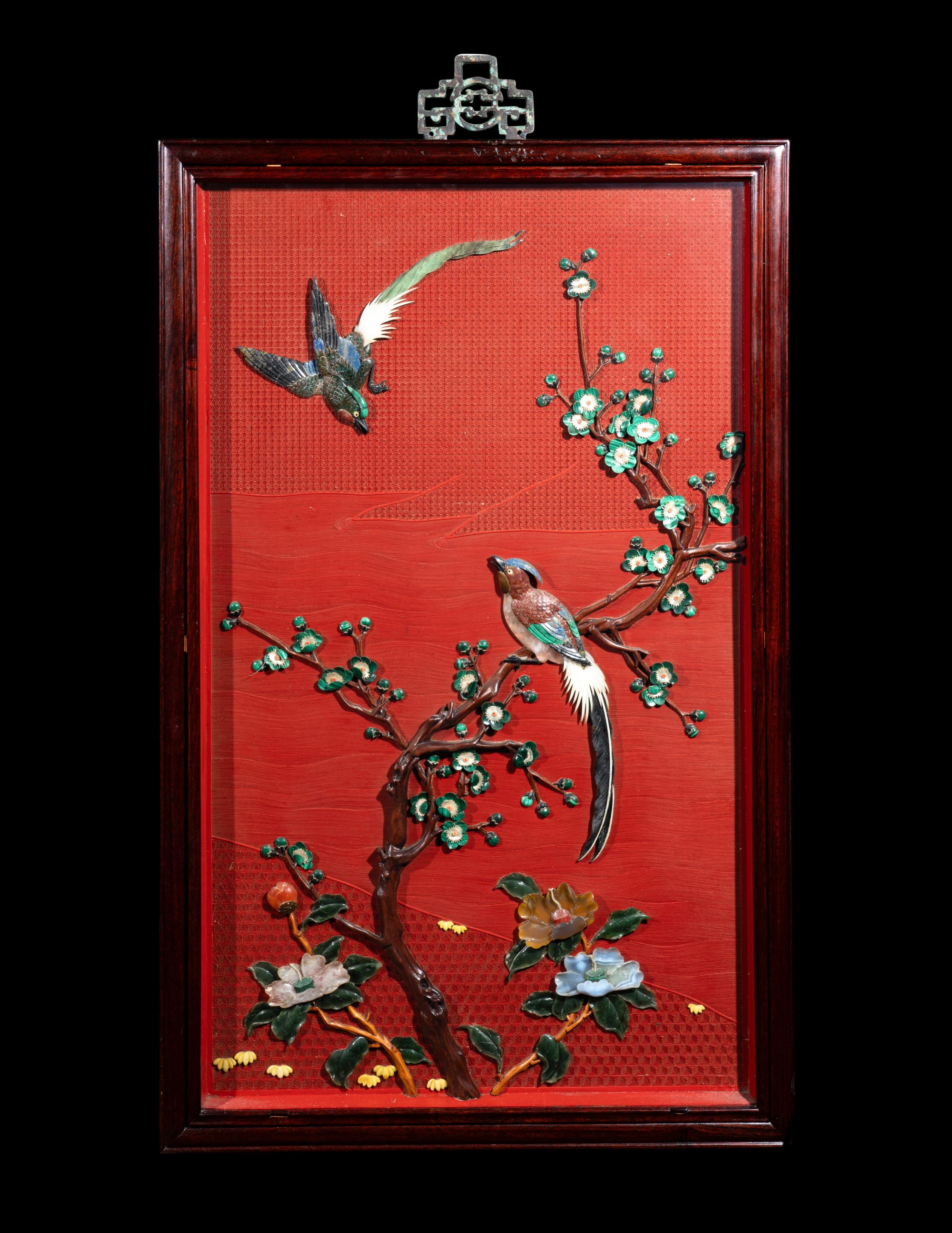 A Pair of Chinese Cinnabar Lacquered Ground Hardstone Inlaid Hanging Screens