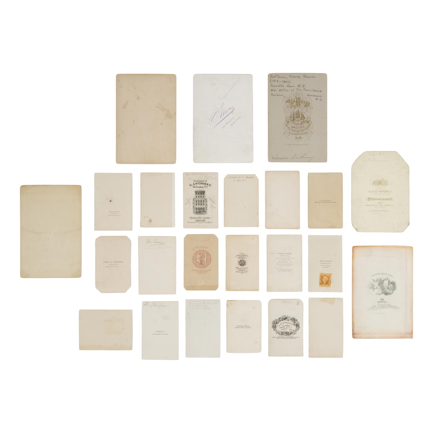 [Lincoln, Abraham]. A group of 24 photos of individuals associated with Lincoln, his career, assassination, and funeral.