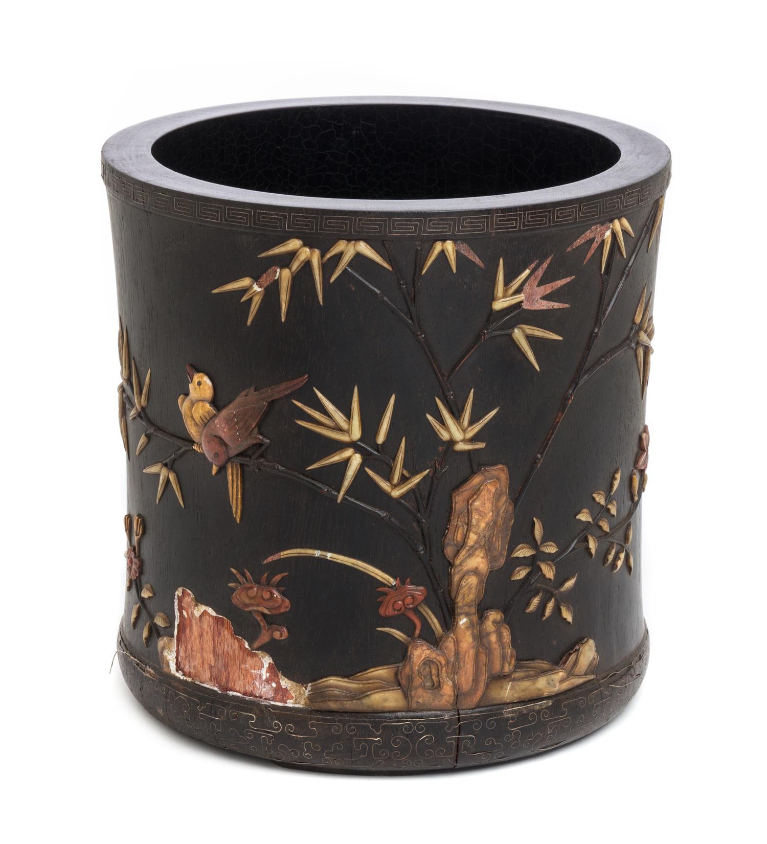 A Hardstone Embellished Zitan Wood Brushpot Height 8 1/4 inches.