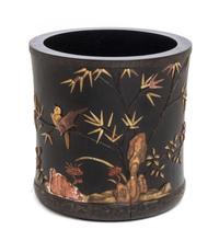 A Hardstone Embellished Zitan Wood Brushpot Height 8 1/4 inches.