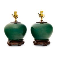 A Pair of Green Crackle Glazed Porcelain Jars Mounted as Lamps