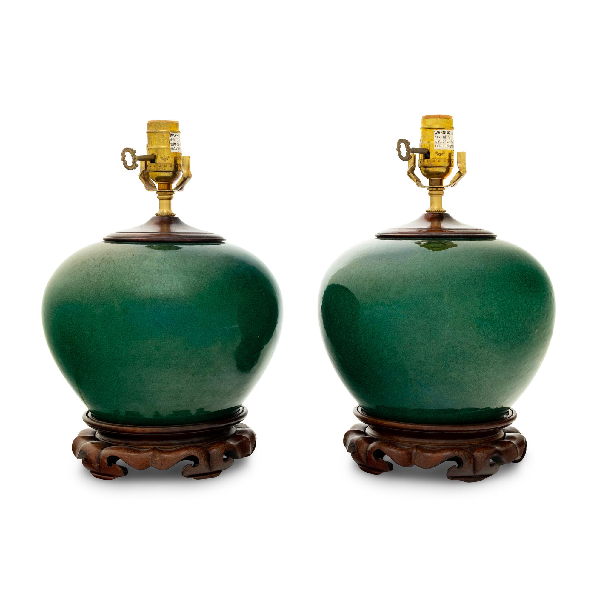 A Pair of Green Crackle Glazed Porcelain Jars Mounted as Lamps