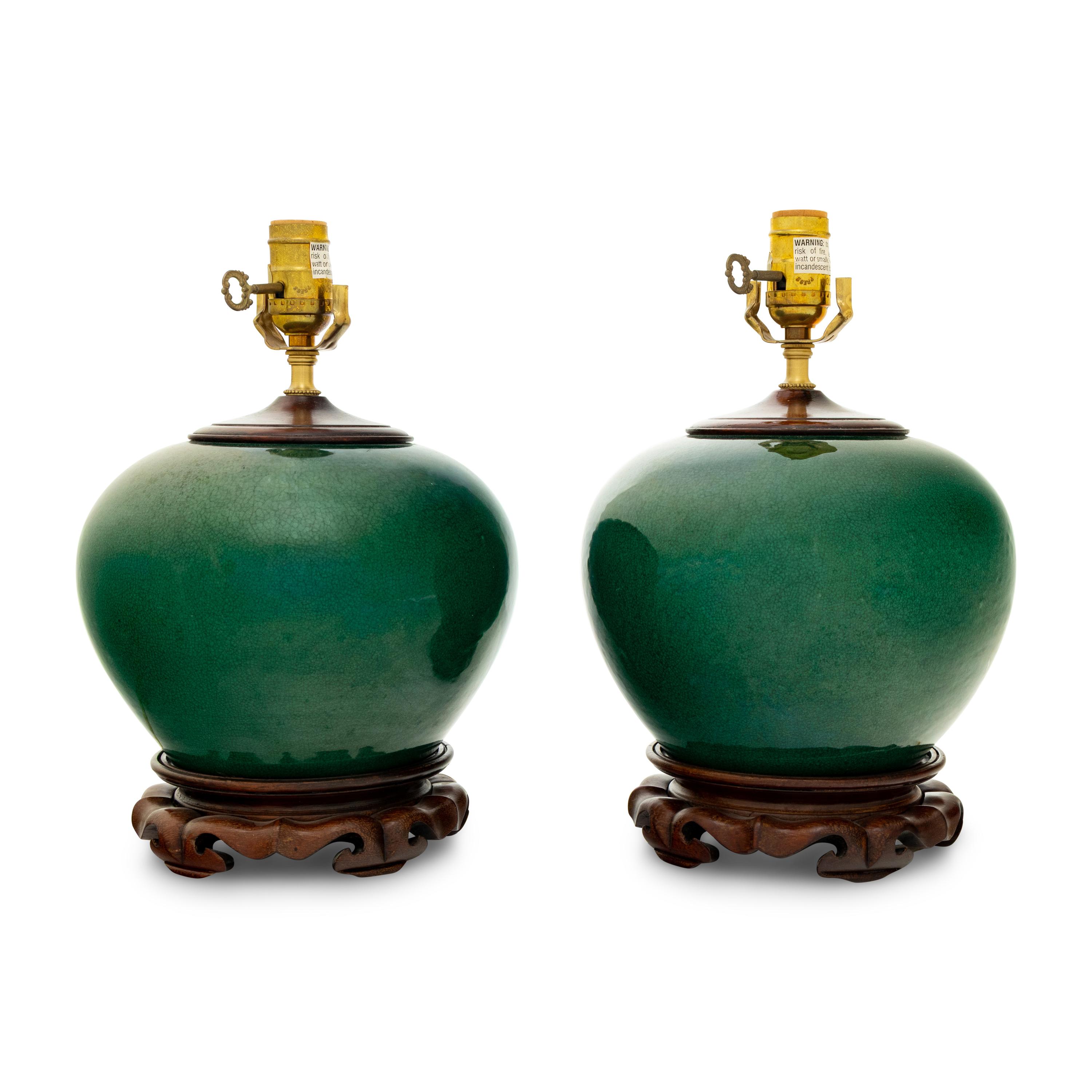 A Pair of Green Crackle Glazed Porcelain Jars Mounted as Lamps