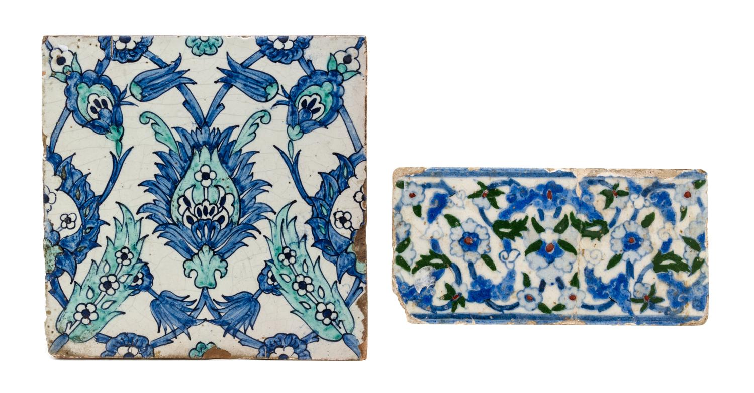 Two Syrian Pottery Tiles, LIKELY 19TH CENTURY, Height of larger 10 x width 10 inches. — LIKELY 19TH CENTURY,