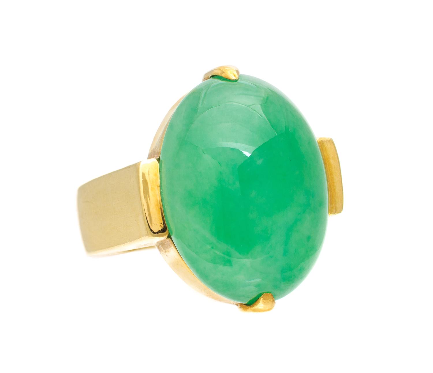 An 18 Karat Yellow Gold and Jadeite Ring, Gump's, 11.00 dwts.
