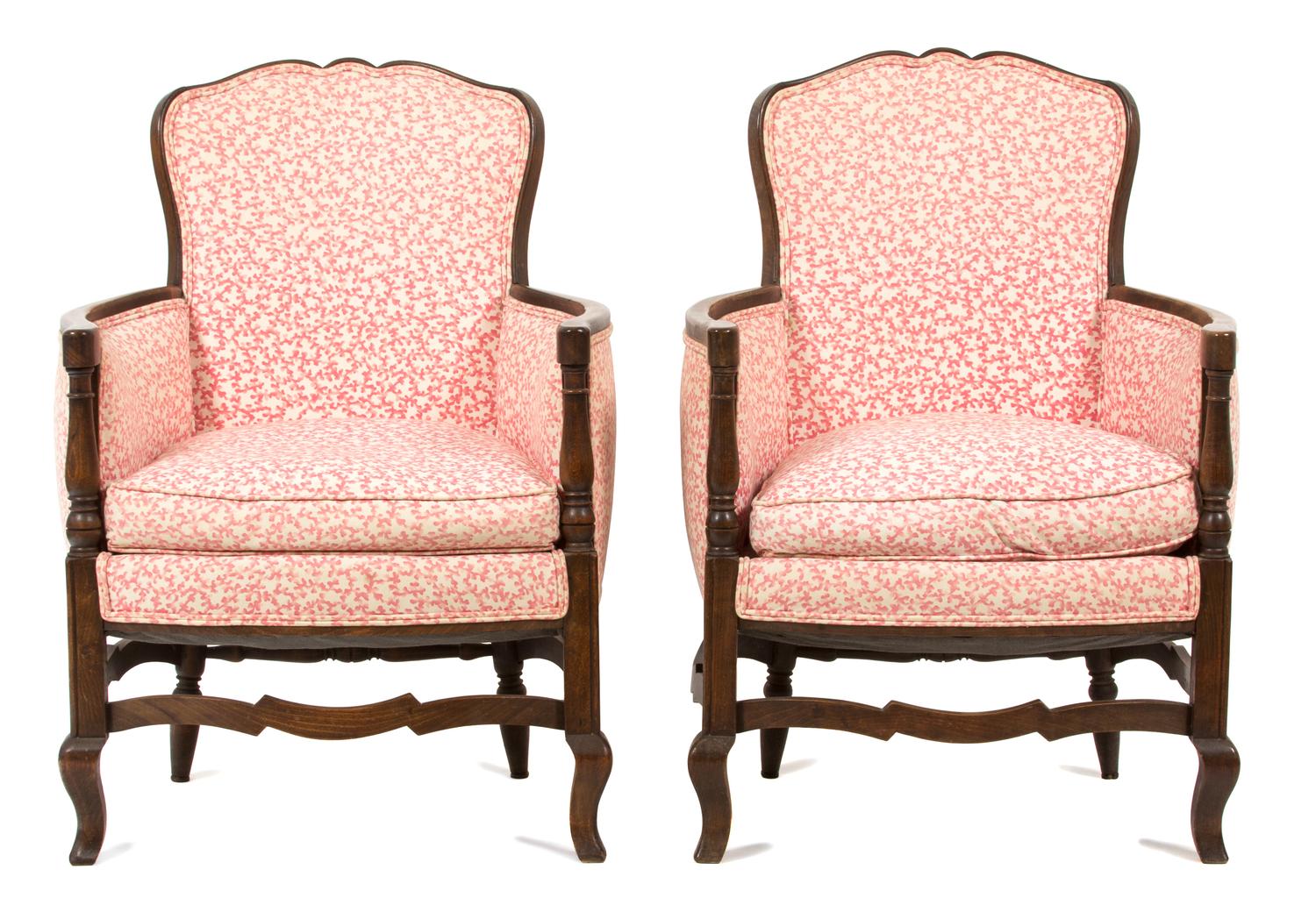 A Pair of French Provincial Louis XVI Style Walnut Bergeres Height 35 1/2 x width 25 x depth 23 inches. — 19TH CENTURY