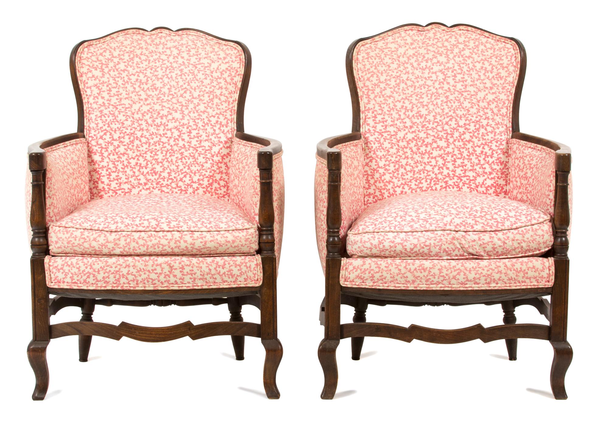 A Pair of French Provincial Louis XVI Style Walnut Bergeres Height 35 1/2 x width 25 x depth 23 inches. — 19TH CENTURY