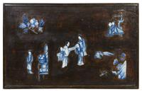 Two Chinese Blue and White Porcelain Inset Lacquered Wood Panels 18TH/19TH CENTURY 19 3/4 x 33 inches. — 18TH/19TH CENTURY