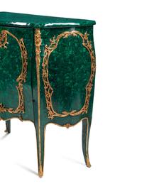 A Pair of Louis XV Style Gilt Bronze Mounted Malachite Cabinets