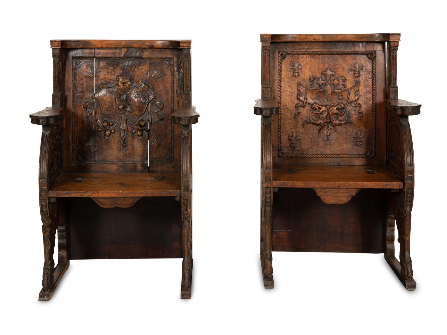 A Near Pair of Late Gothic Walnut and Oak Choir Stalls