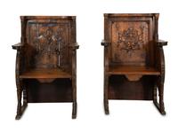 A Near Pair of Late Gothic Walnut and Oak Choir Stalls