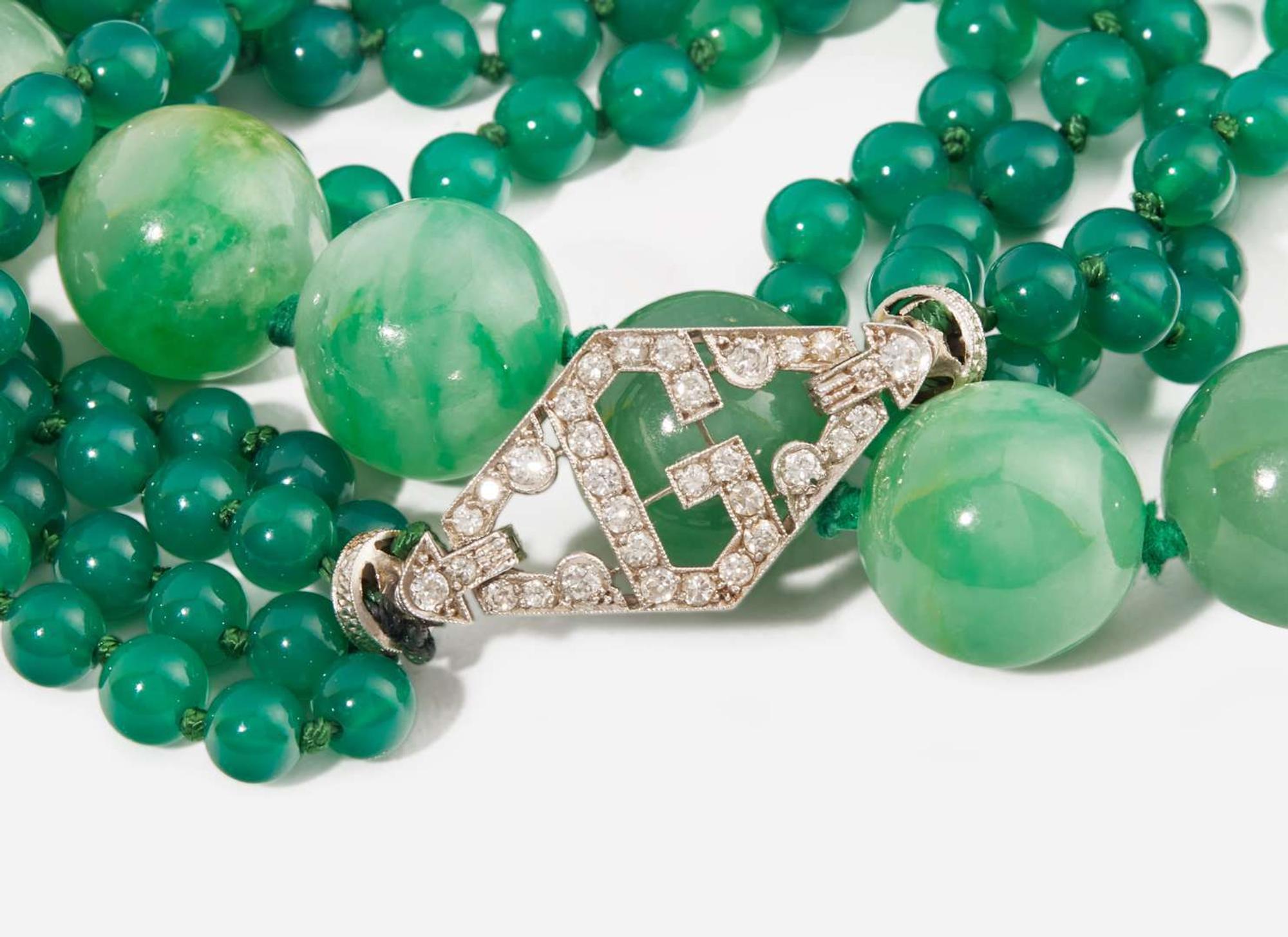 A Jadeite Bead Necklace and Green Beaded Bracelet