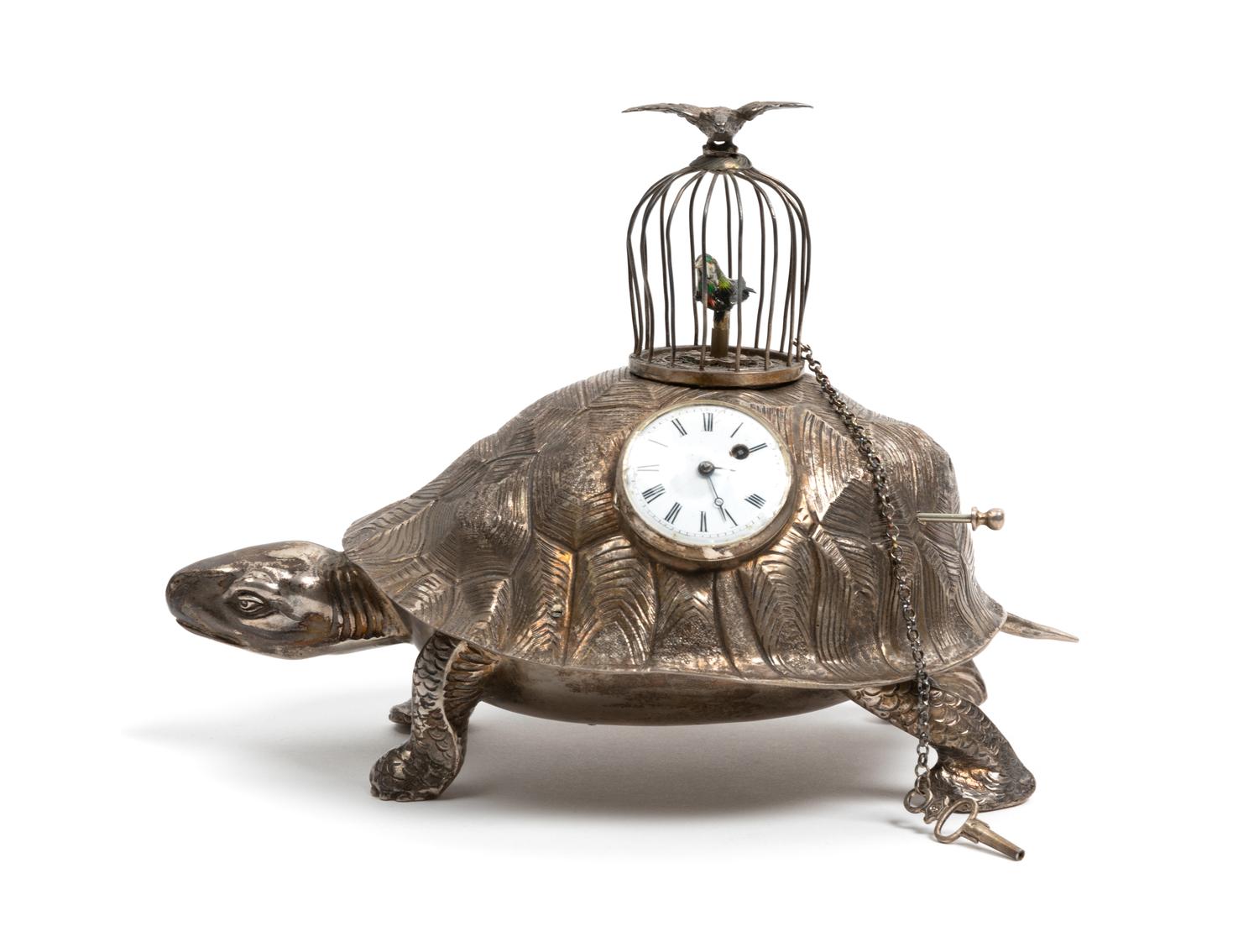 An Unusual German Silver Zoomorphic Automaton Clock, Jean L. Schlingloff, Hanau, Late 19th/Early 20th century, in the form of a tortois
