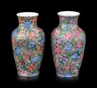 A Pair of Chinese Famille Rose Porcelain 'Millefleur' Vases