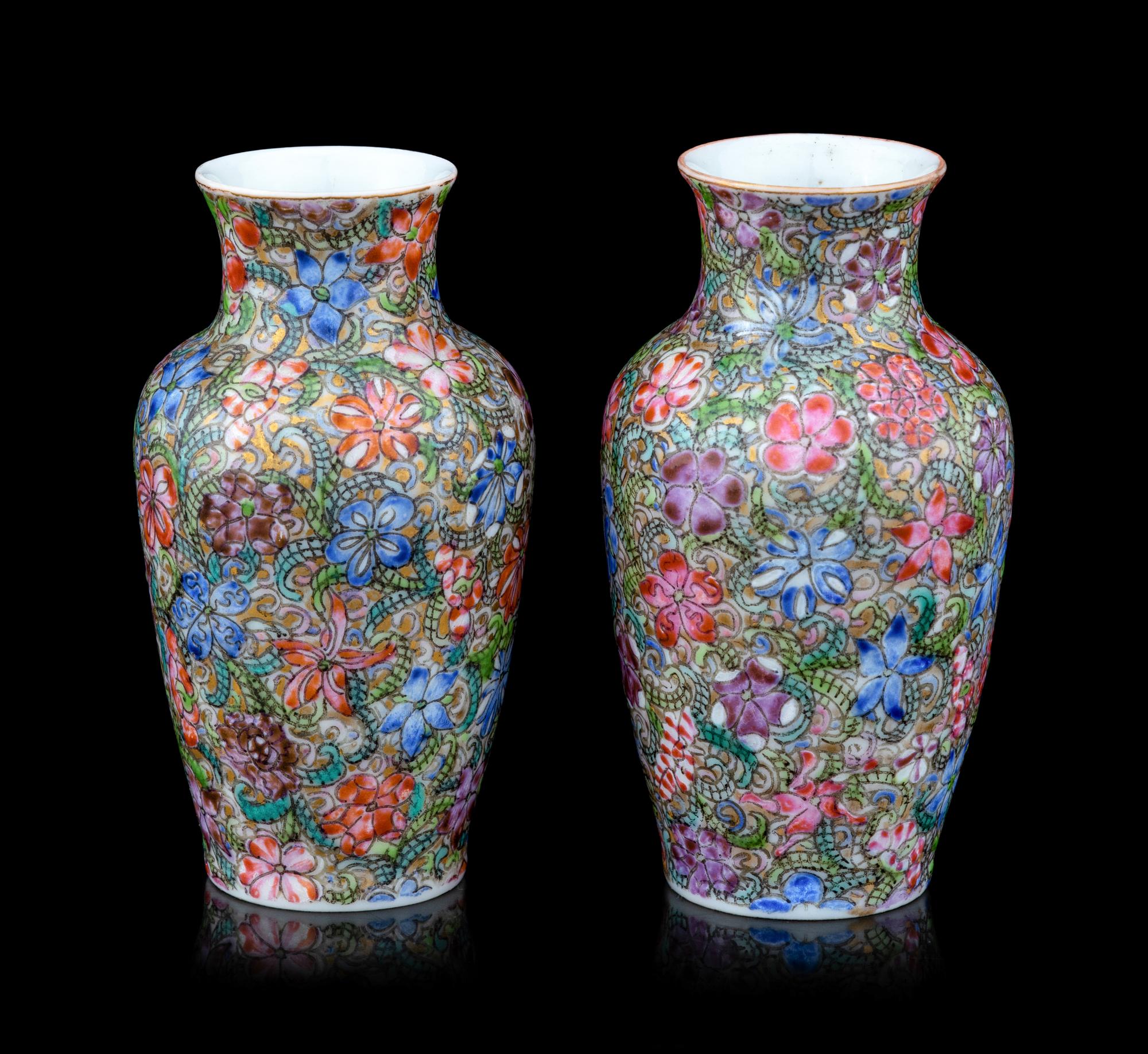 A Pair of Chinese Famille Rose Porcelain 'Millefleur' Vases