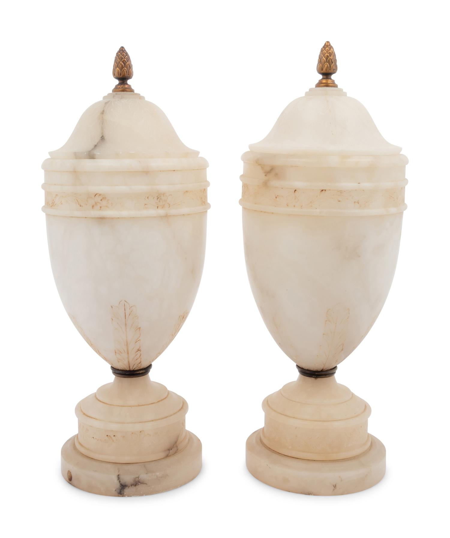 A Pair of Alabaster Urns Fitted as Lamps