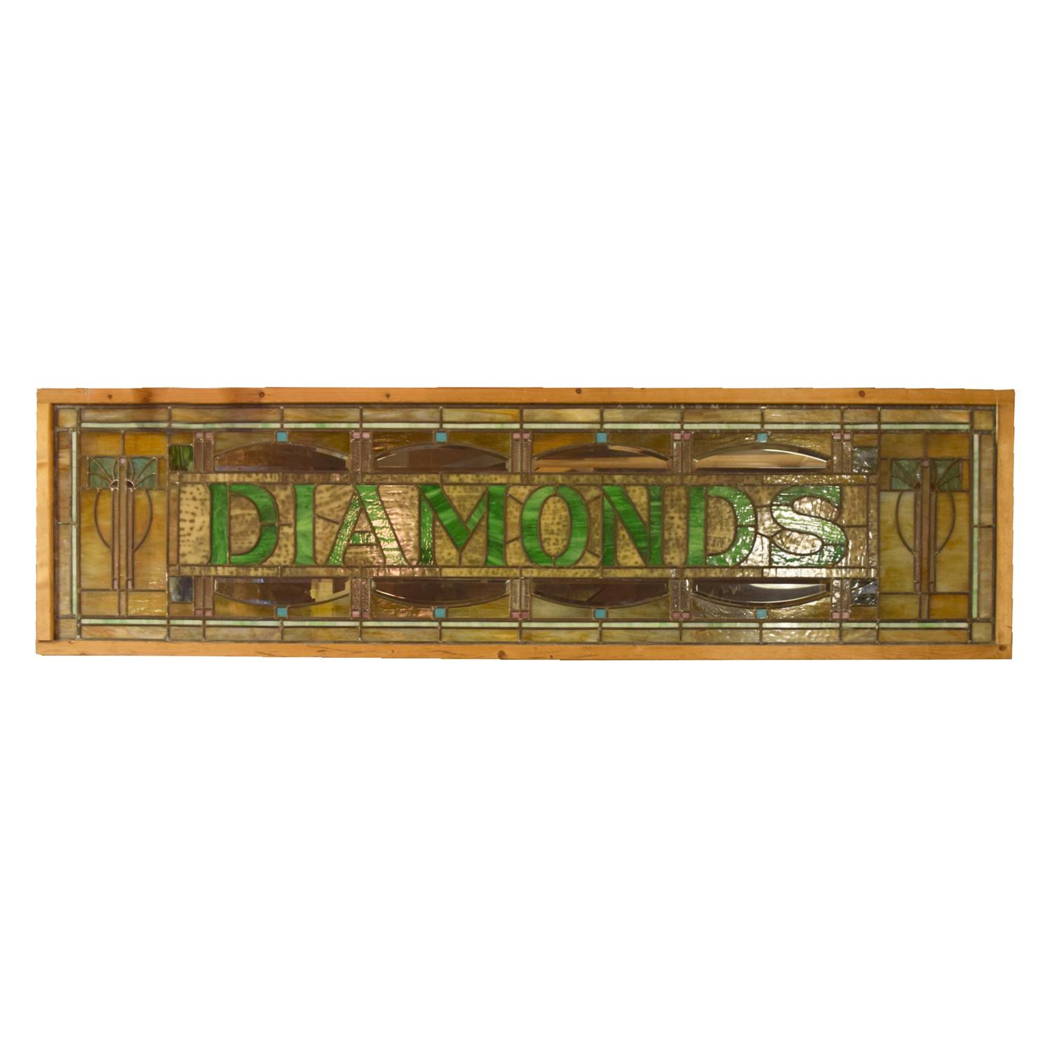 A "DIAMONDS" Prairie School Stained Glass Panel 90" W x 1.5" D x 26" H — United States, Early 20th Century