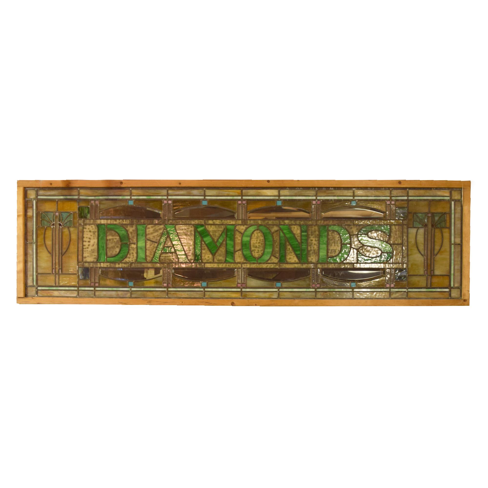 A "DIAMONDS" Prairie School Stained Glass Panel 90" W x 1.5" D x 26" H — United States, Early 20th Century