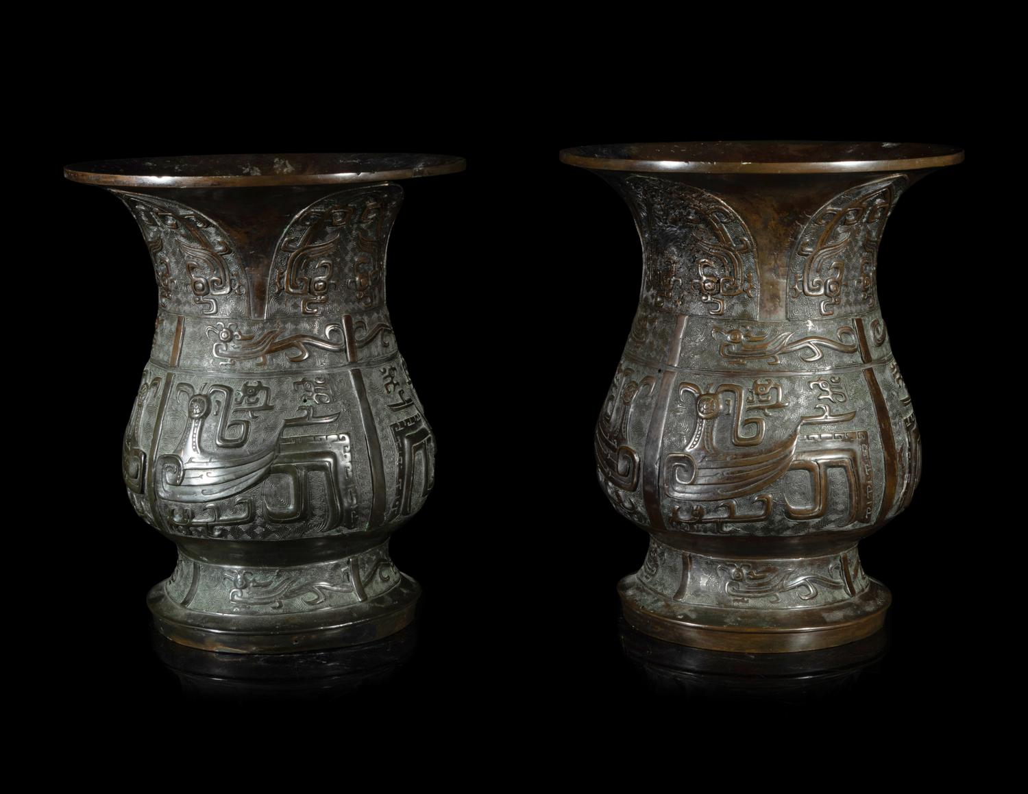 A Pair of Chinese Archaistic Bronze Zun Vessels