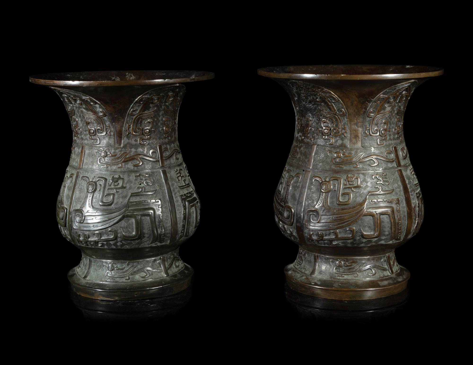 A Pair of Chinese Archaistic Bronze Zun Vessels