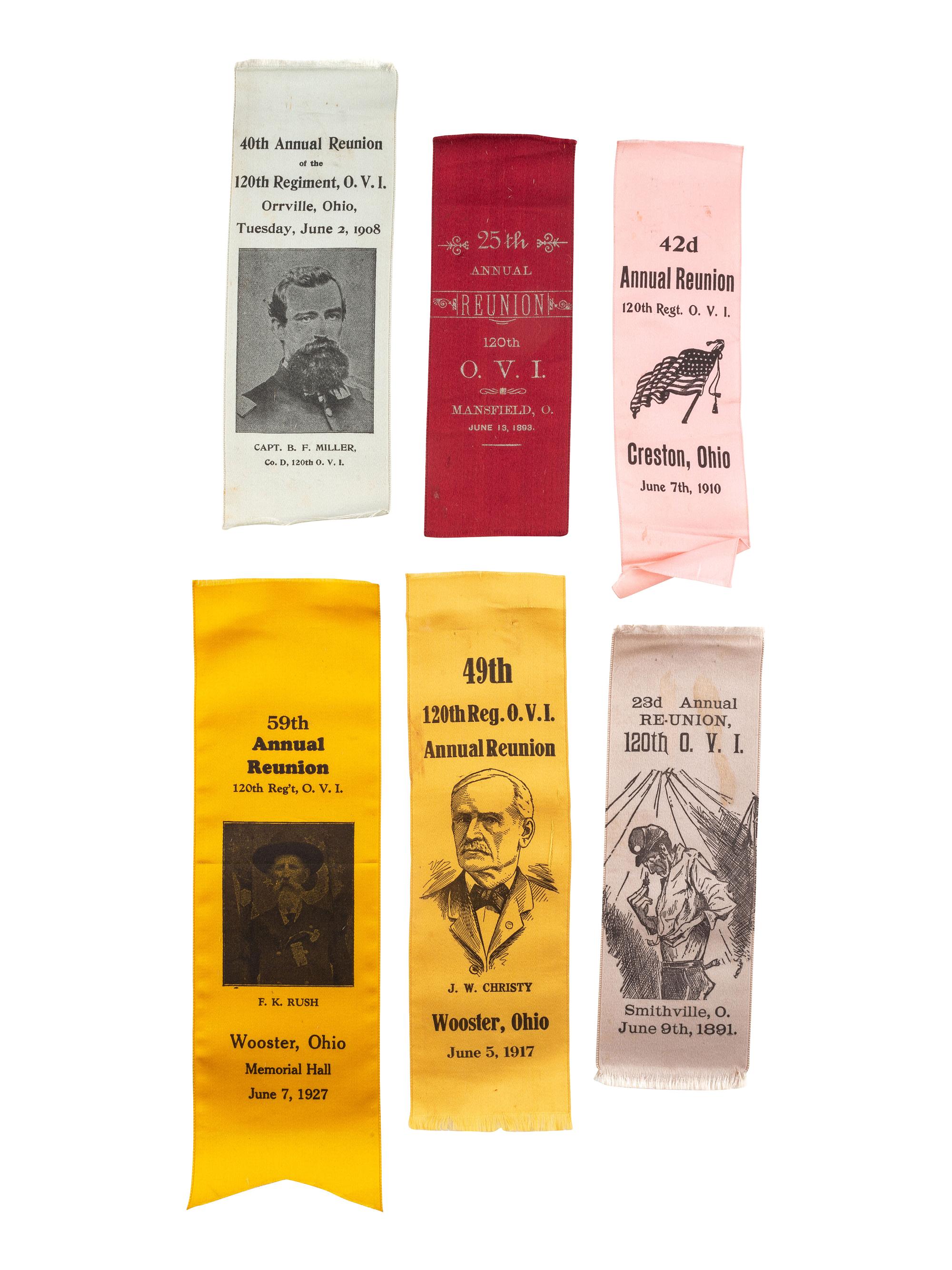 [CIVIL WAR]. A group of GAR ribbons, most for 120th Ohio Volunteer Infantry Reunions.