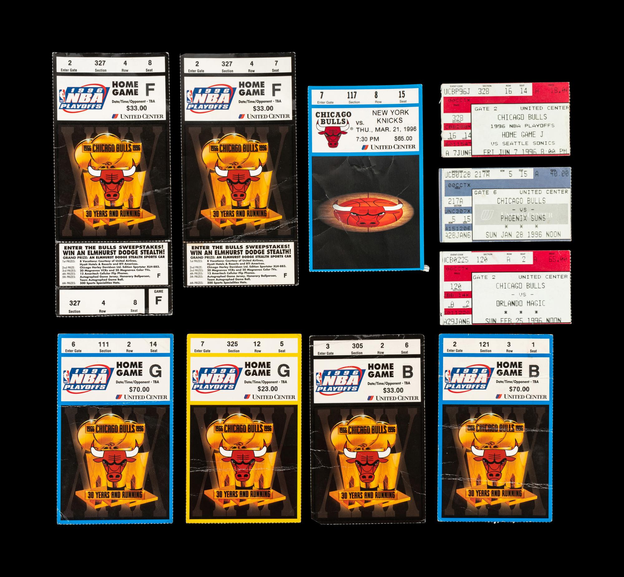 A Collection of 10 Chicago Bulls Michael Jordan Last Dance Era 1995-96 Regular Season and Playoff Tickets and Stubs,